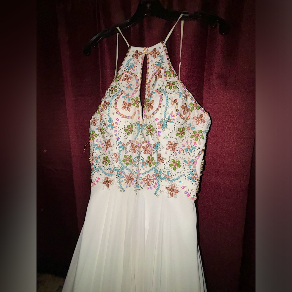White with multi-color beaded details prom dress, size 12